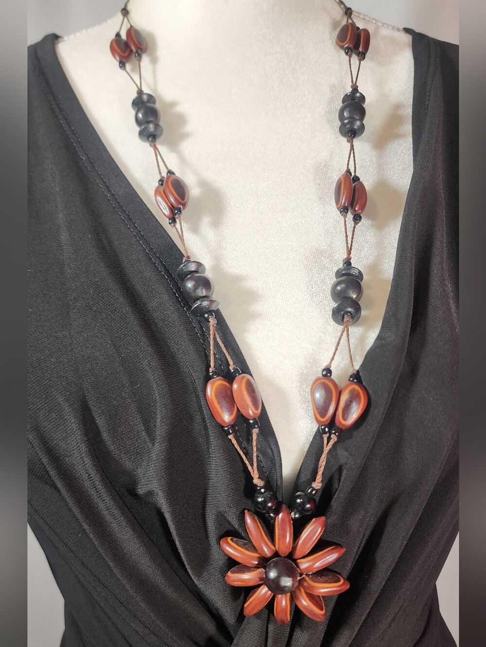 Boho Handcrafted Wood Bead Flower Statement Necklace.